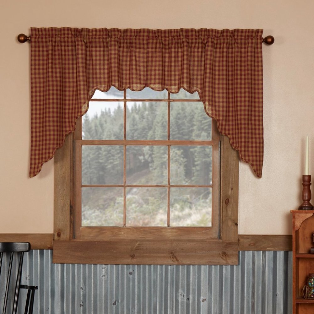Country Primitive Burgundy Check Scalloped Homespun Swags 36"